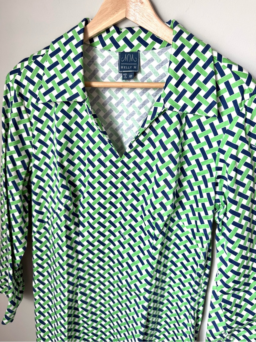 Melly M Green Navy Geometric Print Tailored Collared Shift Dress 3/4 Sleeves - Picture 2 of 4